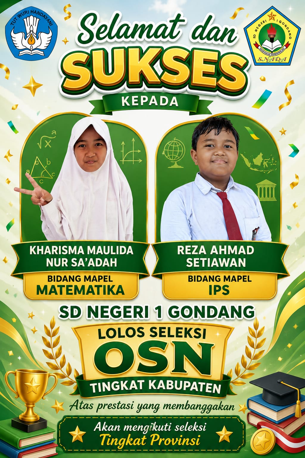 Dua siswa Lolos seleksi OSN Tingkat Kabupaten Mapel Matematika dan Mapel IPS