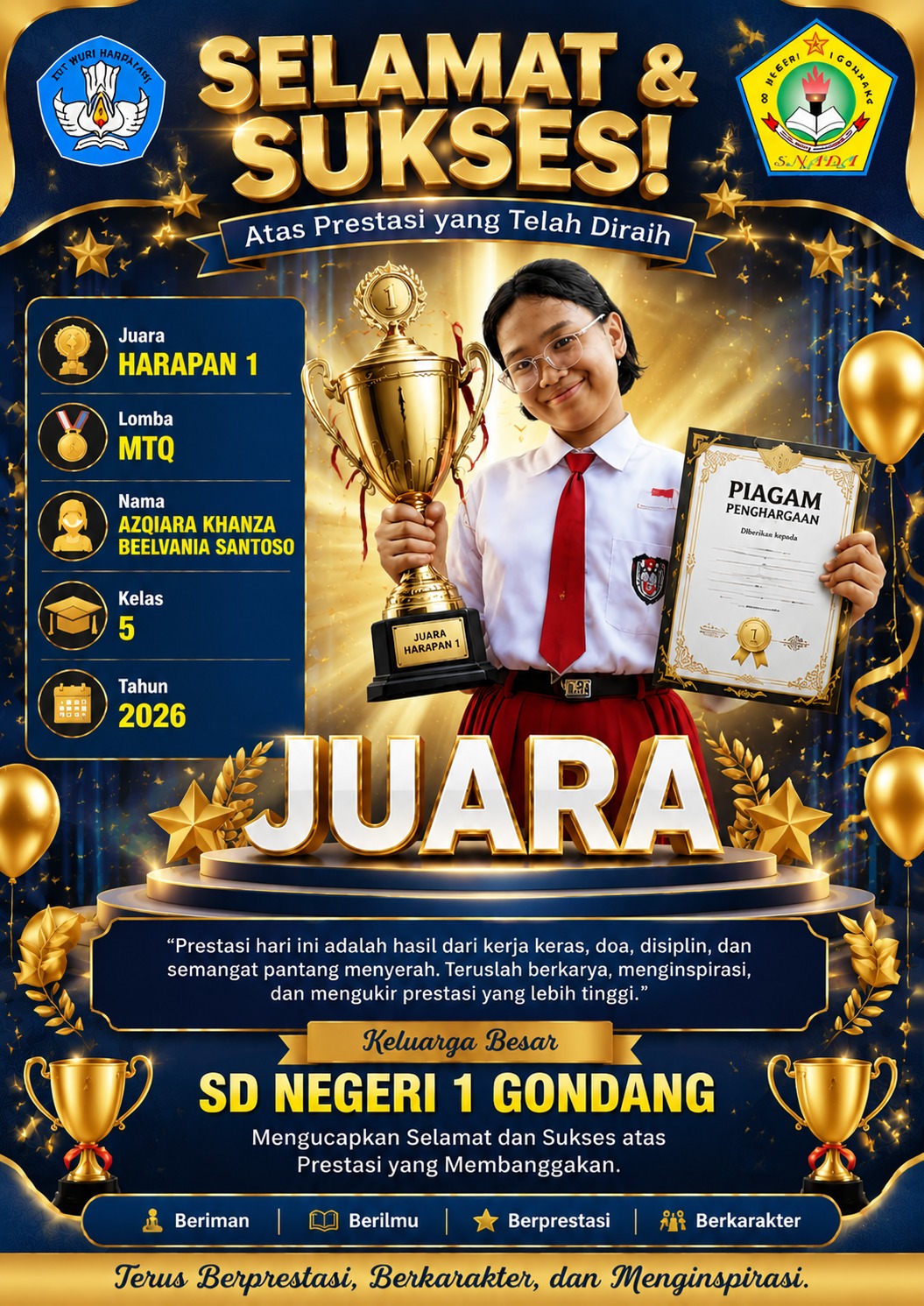 Siswi SDN 1 Gondang Mendapatkan Juara dalam Piala Kemerdekaan